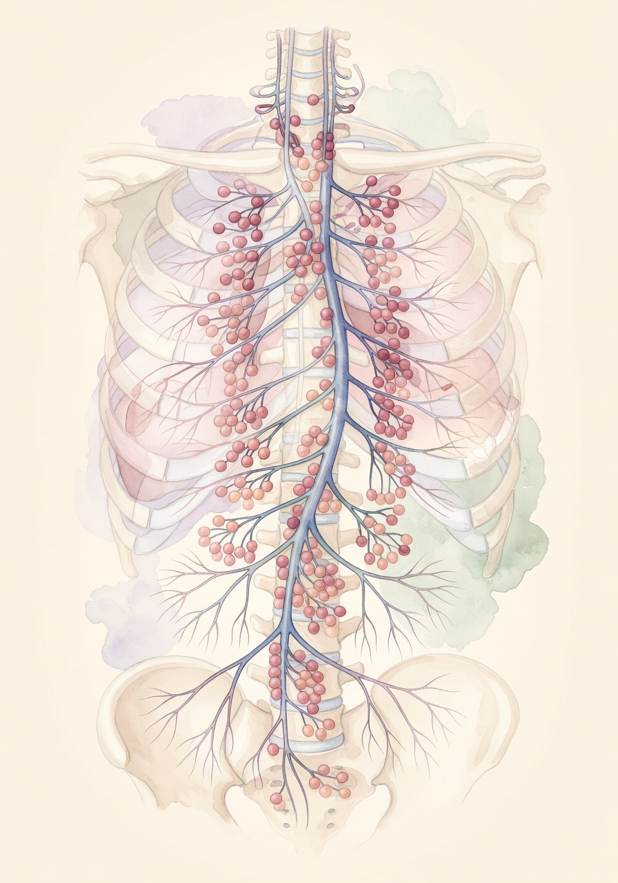 Beyond Performance — cover: a watercolor anatomical plate of the bilateral sympathetic chain running down each side of the spine, paravertebral ganglia rendered in dusty rose
