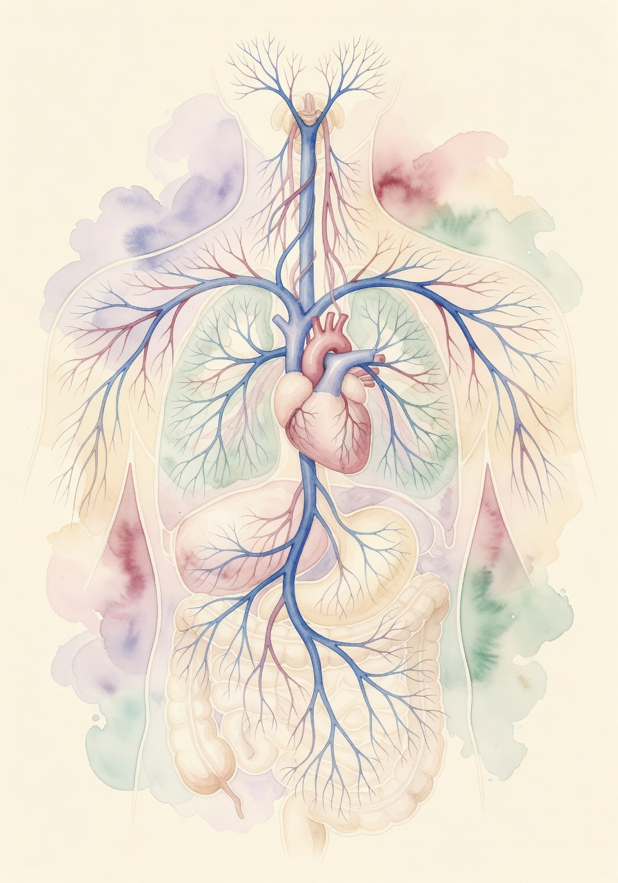 Beyond the Pain — cover: a watercolor anatomical plate of the human vagus nerve descending from the brainstem through the heart, lungs, and abdomen